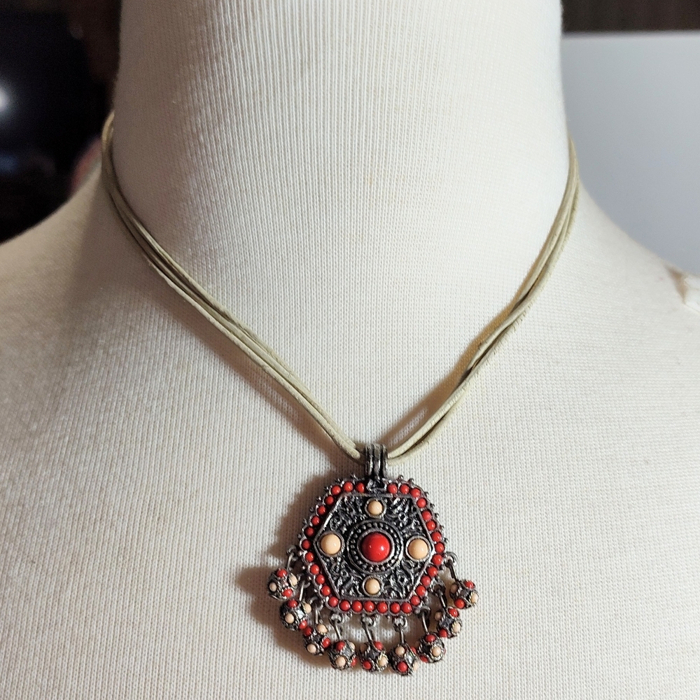 Bohemian Red and Gold Pendant Necklace Suede Corded NWOT